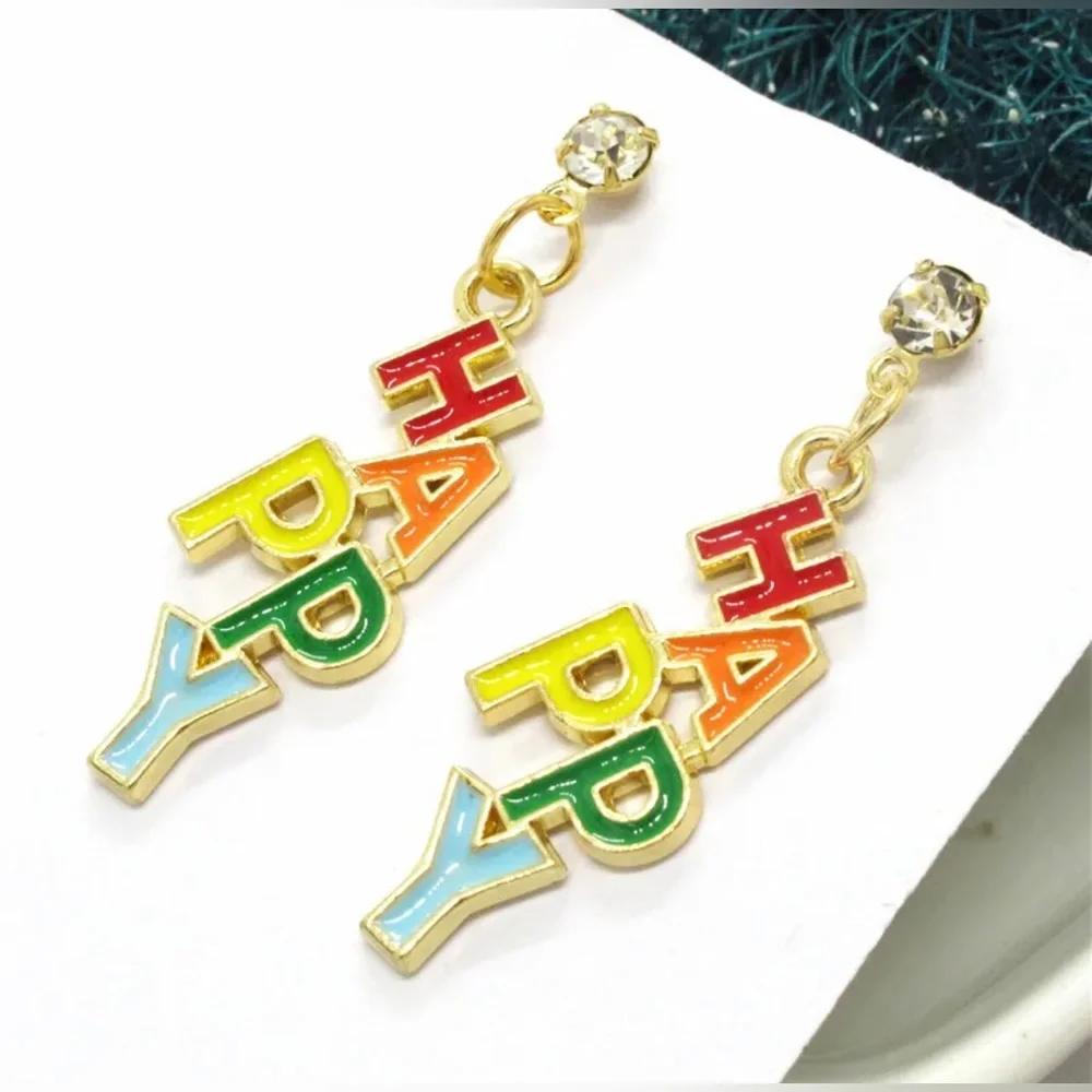 NWT Betsey Johnson Multicolor “Happy” Dangle Studded Earrings - Picture 1 of 6